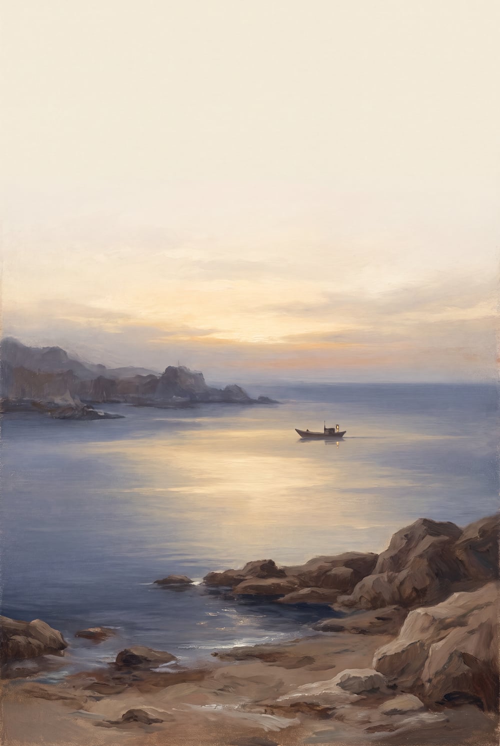 Cover art: first light over a harbour on Yeongdo, a single fishing boat already out on the water