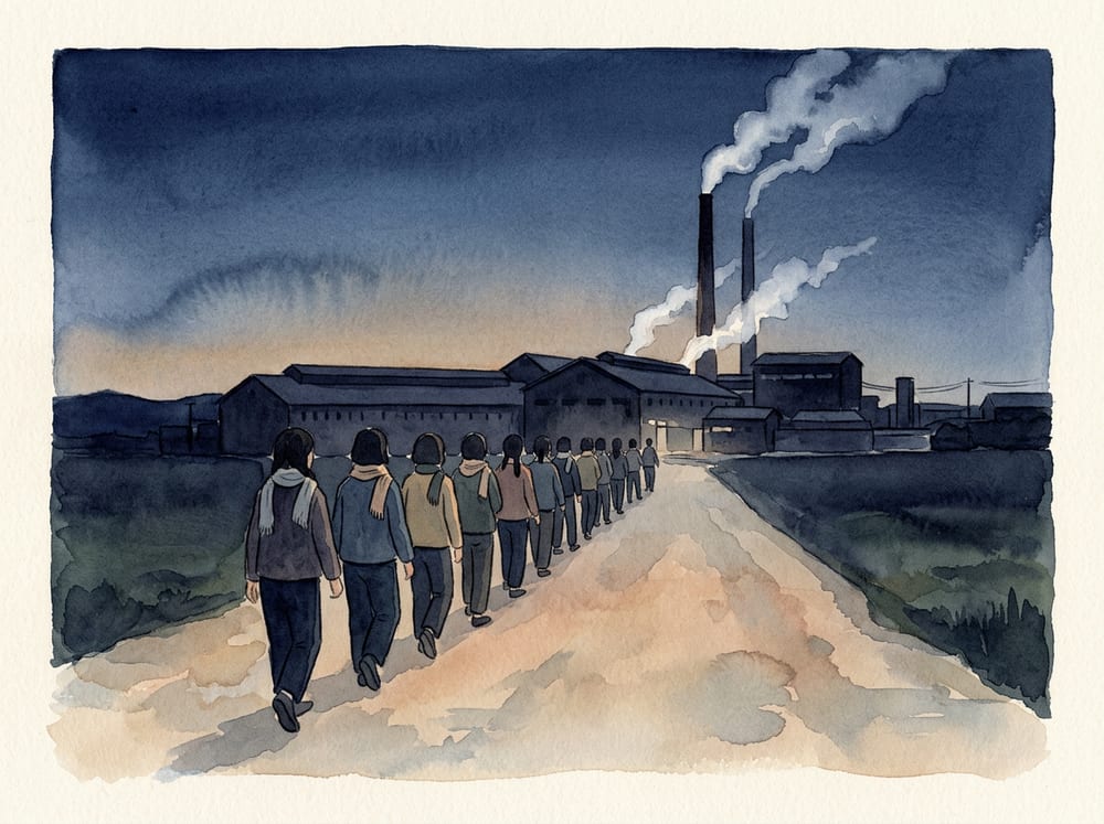 A watercolor of teenage girls walking in a silent line toward a steaming mill chimney before dawn