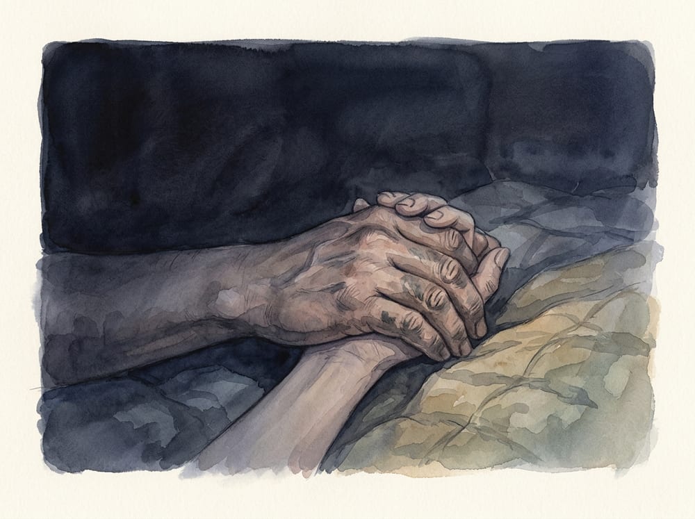 A watercolor of two hands clasped in the dark of an unlit room
