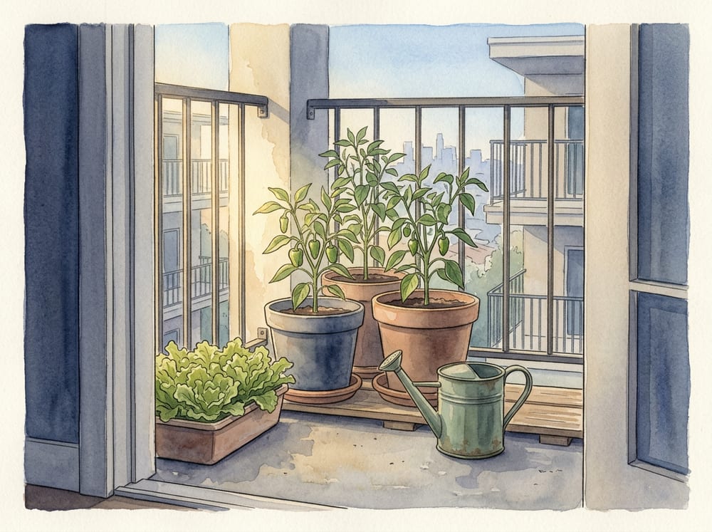 A watercolor of pepper and lettuce pots on a sunlit apartment veranda